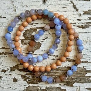 3 Stretchy Blue Lace Agate, Coral Mother of Pearl & Silver Tone Bracelets